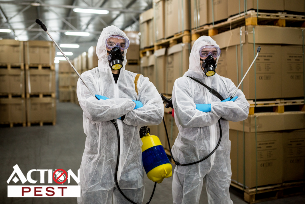 This image shows two people in pest control gear for commercial pest control inside of a warehouse. 