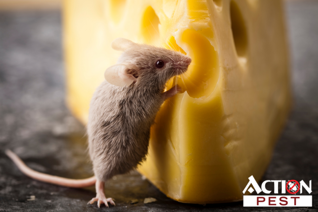 This image features a mouse eating a block of cheese as we discuss the best bait for mouse traps.